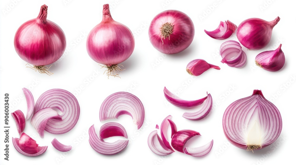 Fresh whole and sliced red onion Fresh whole and sliced red onion
