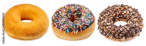 Various donuts,Donuts dough with a colorful sprinkles icingsugar, Chocolate Almond and Cinnamon powderisolate on white background with clipping path. photo