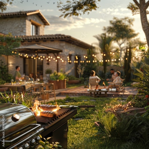 Relaxing 3D backyard barbecue scene with grill and family gathering