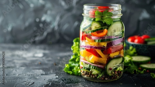 Conceptual image of a fresh vegetable salad served in a mason jar for a healthy lunch