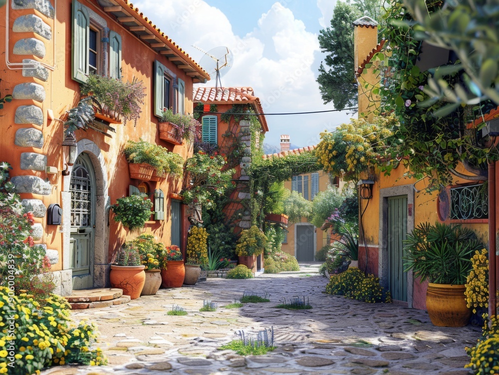 Obraz premium 3D Mediterranean village scene with sunny streets and quaint houses