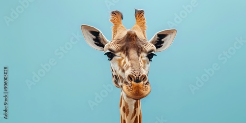 Giraffe Poses with Curious Expression on Blue Background