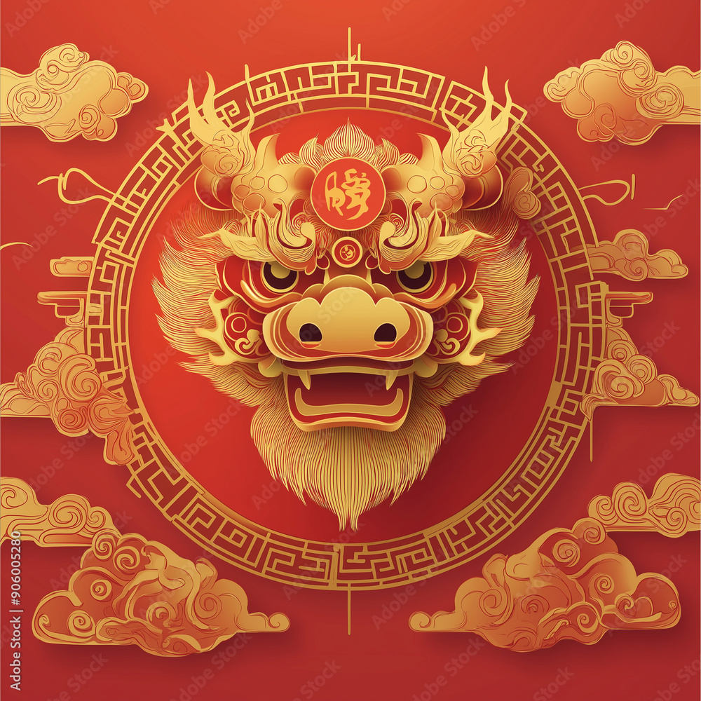 Gold Dragon Head Emblem on Red Background with Traditional Chinese Patterns. Generative AI. Gold Dragon Head Emblem on Red Background with Traditional Chinese Patterns. Generative AI.