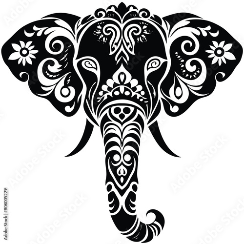Ornate Black and White Elephant Head with Floral Design