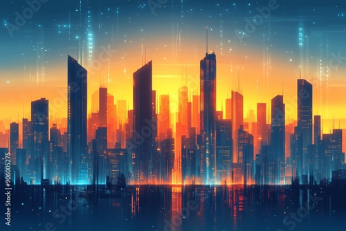 Futuristic cityscape bathed in the vibrant hues of a setting sun. The skyline is dominated by towering skyscrapers with sleek, modern designs, illuminated by the warm orange and yellow glow of the sun