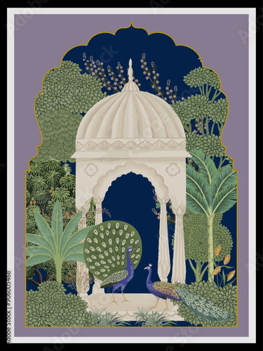 Traditional Mughal motif, frame, arch, peacock, flower, tropical tree. Mughal wall art printable, living room decor vector illustration.