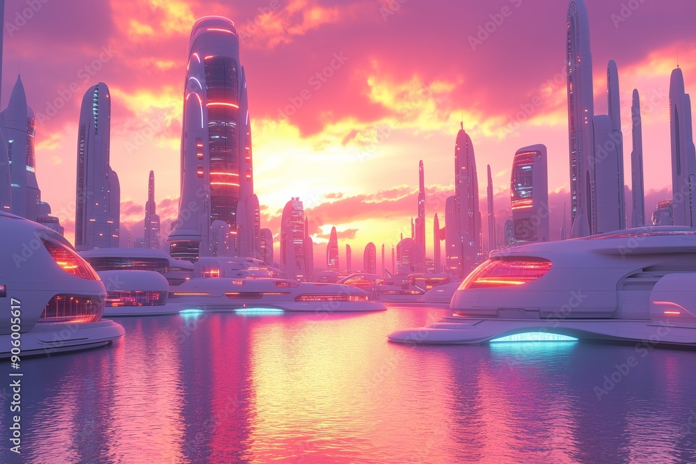 Obraz premium A breathtaking view of a futuristic cityscape bathed in the warm hues of a setting sun. The skyline is dominated by sleek, modern buildings with smooth, curving lines and illuminated accents. 