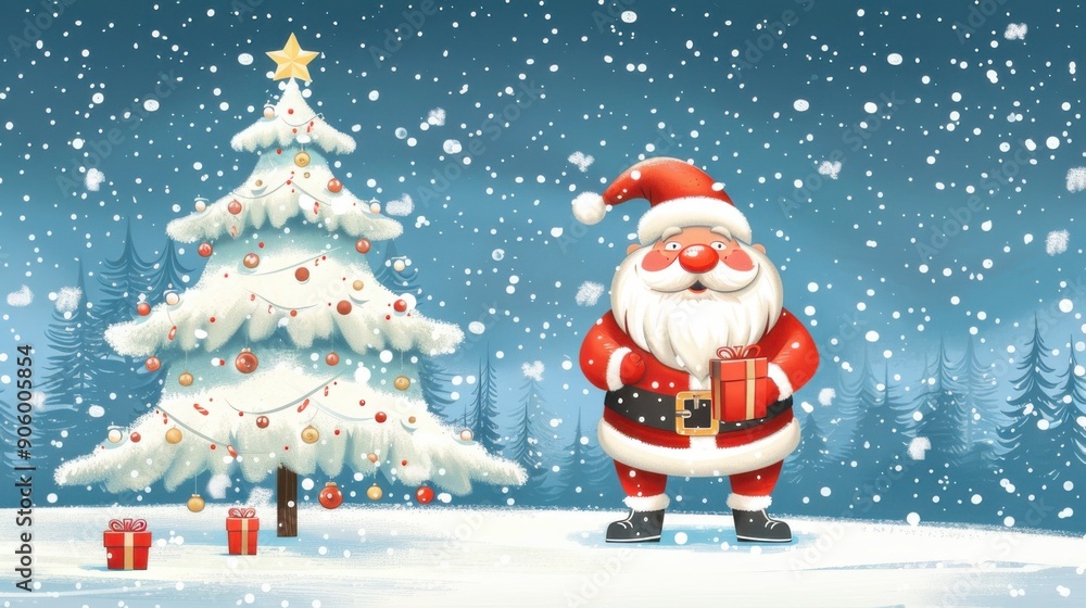 Vector cartoon illustration of friendly smiling Santa Claus ringing a bell, sack with gifts on back, snow falling in the background, presents lying around on the ground. Christmas design element. Vector cartoon illustration of friendly smiling Santa Claus ringing a bell, sack with gifts on back, snow falling in the background, presents lying around on the ground. Christmas design element.