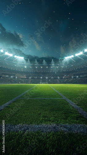 Modern Sports Stadium at Night with Empty Field Ready for the Game, a Vertical Format 3D Illustration for Social Media Sports Ads.