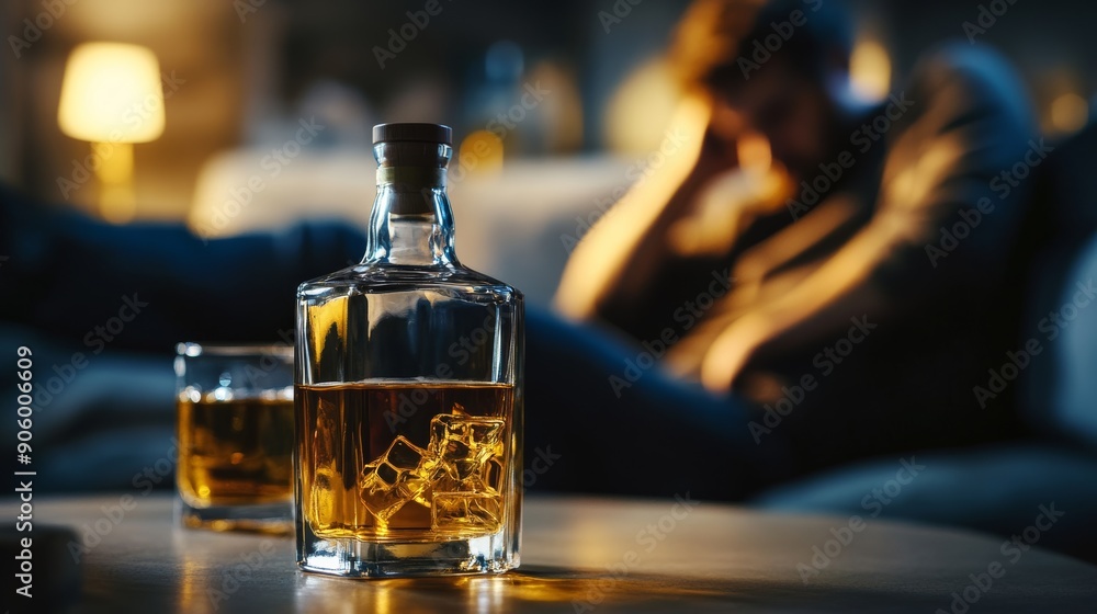 Close up of bottle whiskey and a glass with Melancholy man drinks alcoholic whisky alone at home feeling dizzy after drunk, Depressed, Alcoholism. Close up of bottle whiskey and a glass with Melancholy man drinks alcoholic whisky alone at home feeling dizzy after drunk, Depressed, Alcoholism.