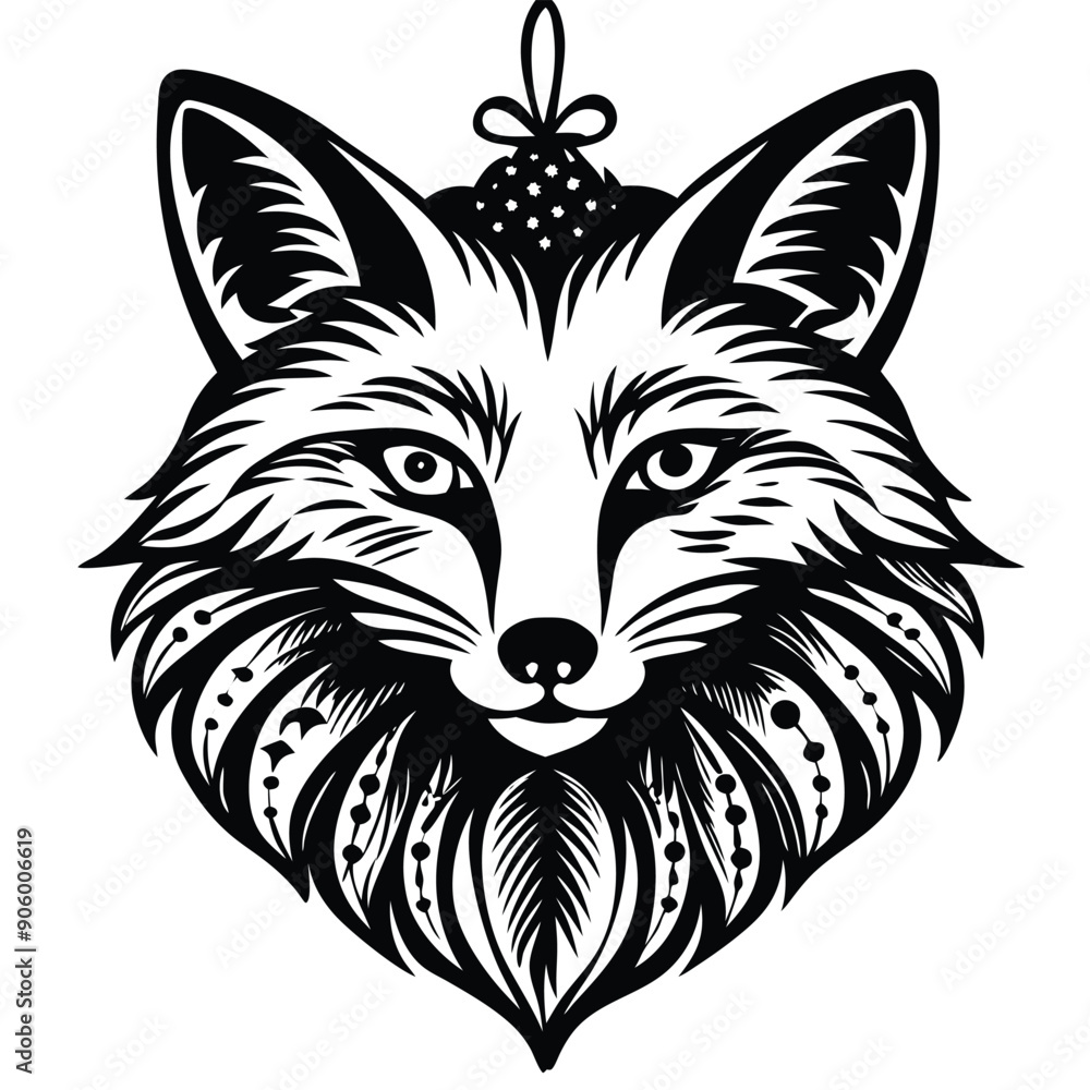 Black and White Stylized Fox Head with Ornamental Details Black and White Stylized Fox Head with Ornamental Details