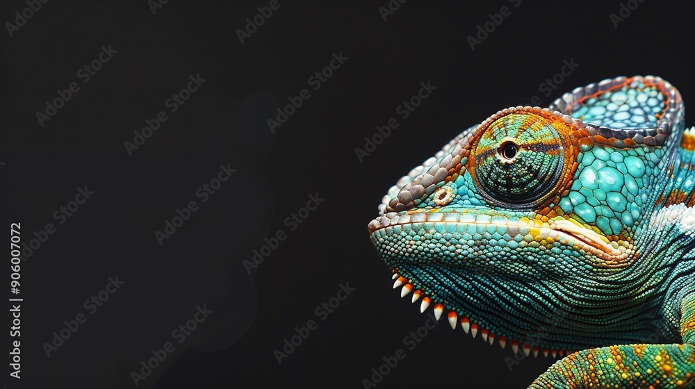Obraz premium Female Fischer's chameleon on a tree branch on a black background