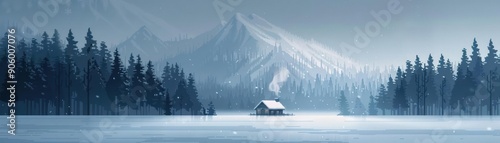 A pixel art winter wonderland with snowcovered trees, a frozen lake, and a cozy cabin with smoke rising from the chimney