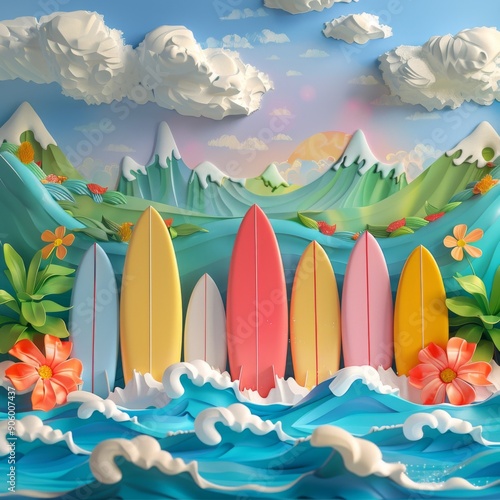 Colorful 3D beach scene with surfboards and waves
