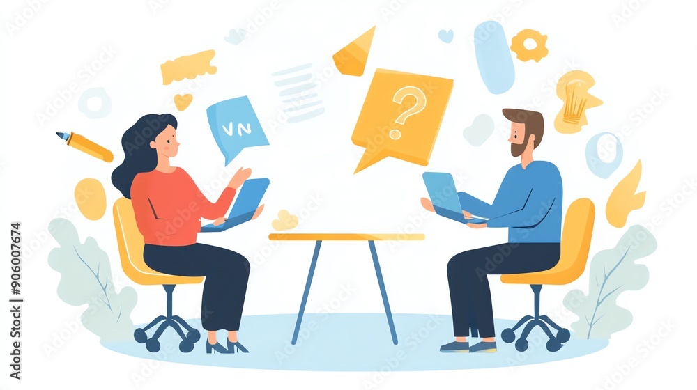 Two people discussing ideas while using laptops. Two people discussing ideas while using laptops.