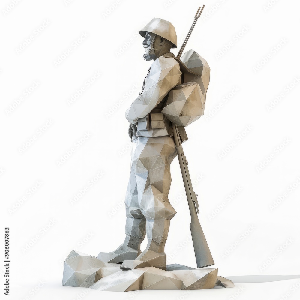 3D Render, Low Poly style of a battle-worn soldier statue, on isolated ...