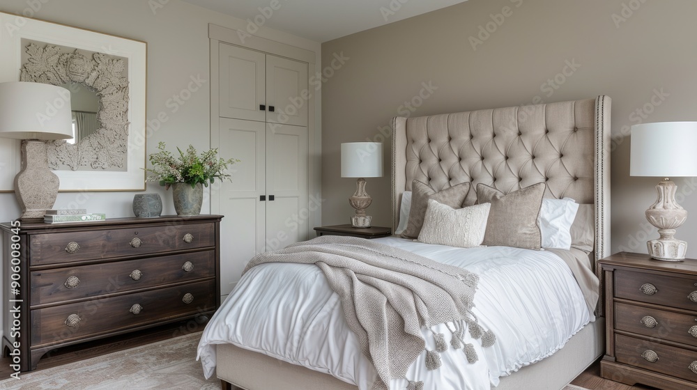 A peaceful suburban bedroom with neutral tones, a tufted headboard, and a large dresser. A peaceful suburban bedroom with neutral tones, a tufted headboard, and a large dresser.