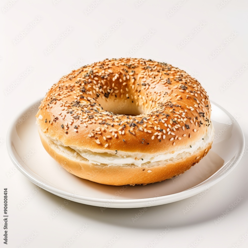 Scrumptious bagel with cream cheese on white plate Scrumptious bagel with cream cheese on white plate