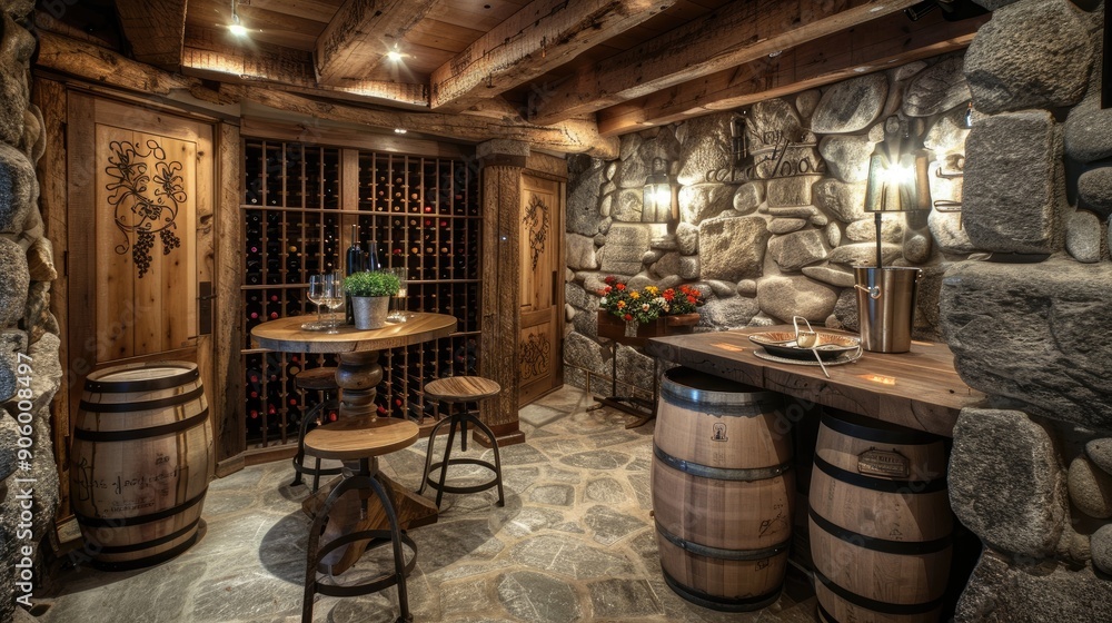 A rustic wine cellar with stone walls, wooden wine racks, a tasting table, and ambient lighting, creating a cozy atmosphere. A rustic wine cellar with stone walls, wooden wine racks, a tasting table, and ambient lighting, creating a cozy atmosphere.