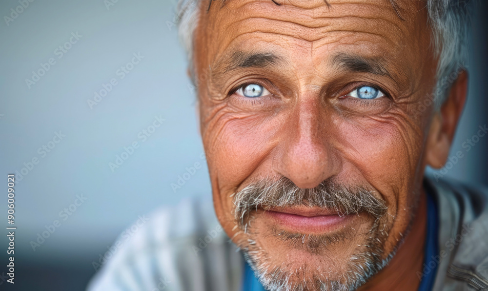 Close-Up Portrait of a Human Sorcerer with Grey Hair, Mustache, Goatee, and Kind Blue Eyes Close-Up Portrait of a Human Sorcerer with Grey Hair, Mustache, Goatee, and Kind Blue Eyes