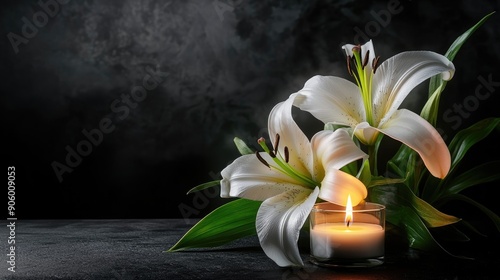 Elegant image of a white lily and a burning candle on a dark background, with space for text, suitable for funeral or memorial themes.
