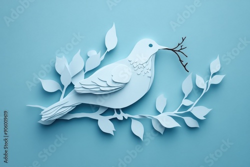 Paper Art of Dove on Branch: Peaceful Handmade Craft with Blue Background photo