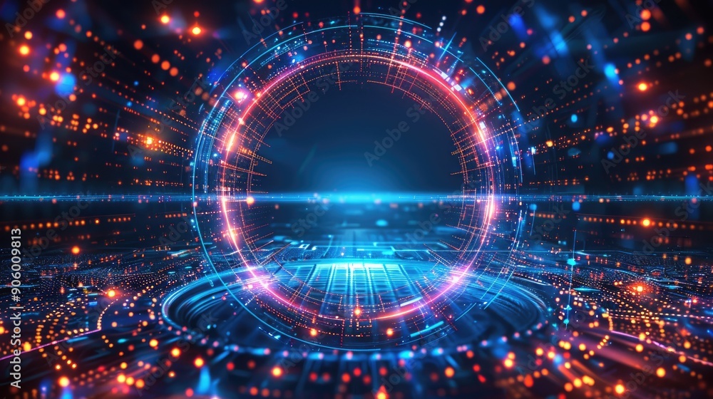 Obraz premium Futuristic Digital Interface with Glowing Neon Circular Patterns and Data Streams