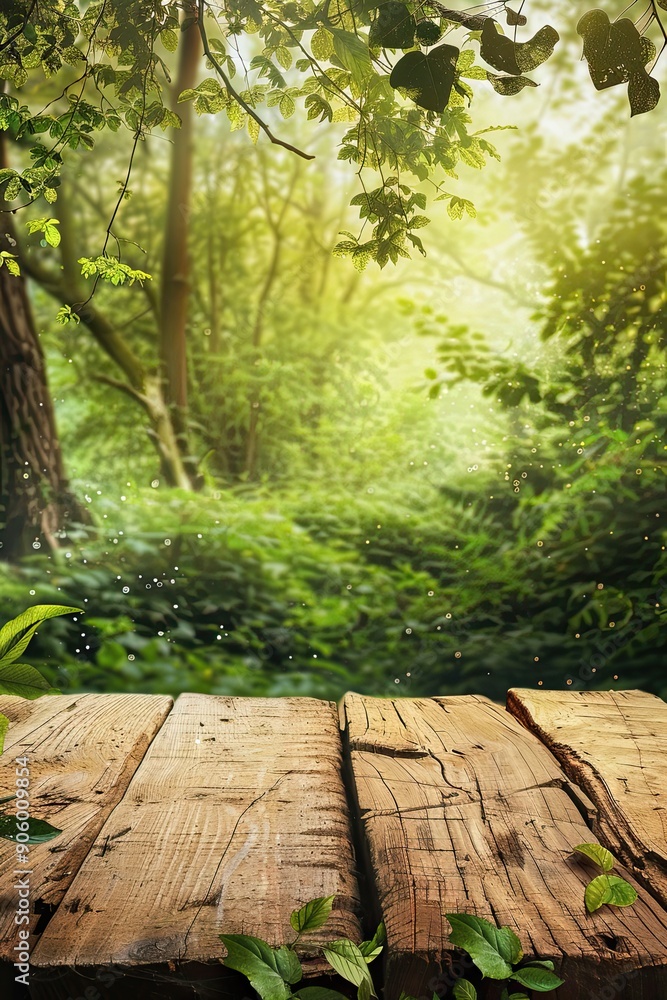 A wooden table standing out on an enchanted forest background A wooden table standing out on an enchanted forest background