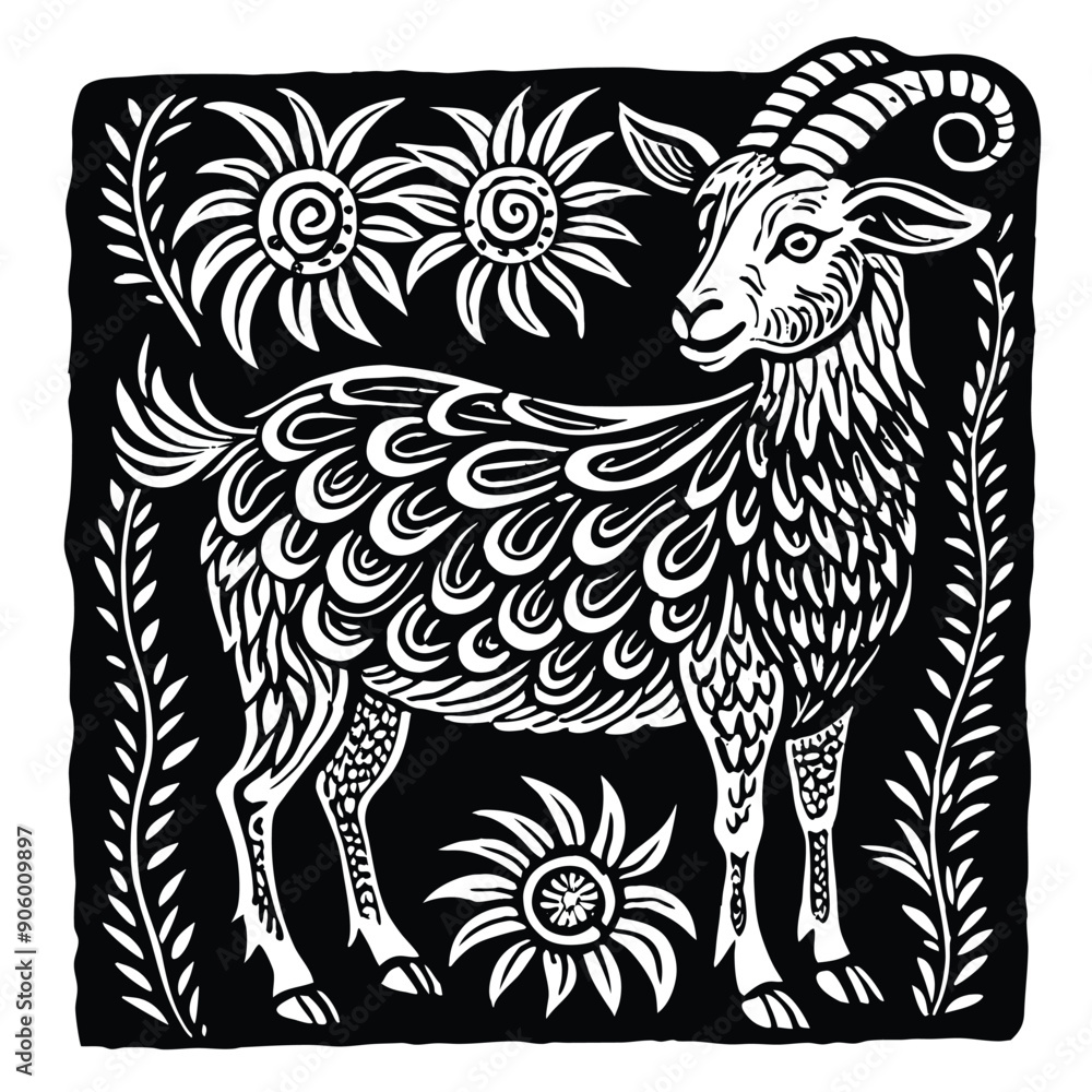 Black and White Illustration of a Goat with Flowers Black and White Illustration of a Goat with Flowers