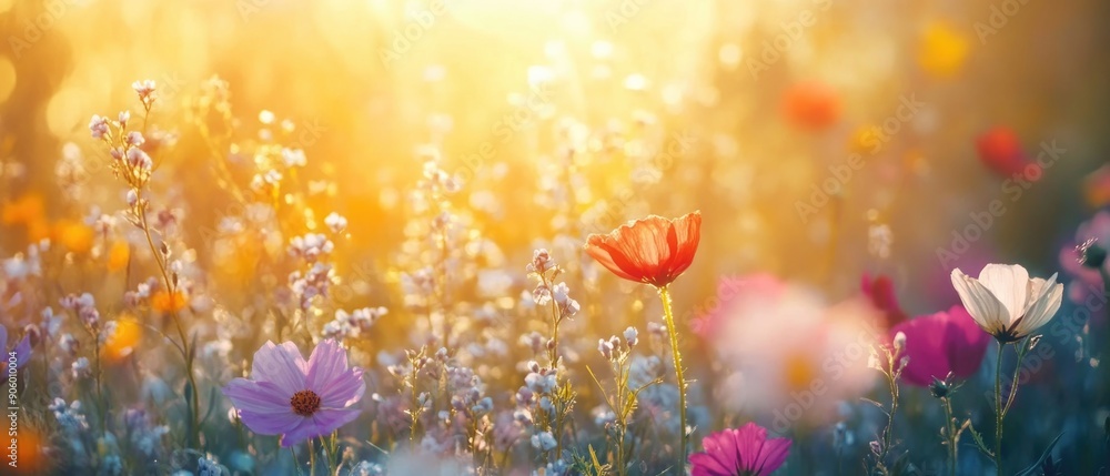 Colorful summer flower meadow with sunbeams and bokeh lights, ideal for nature-themed banners or greeting cards. Colorful summer flower meadow with sunbeams and bokeh lights, ideal for nature-themed banners or greeting cards.