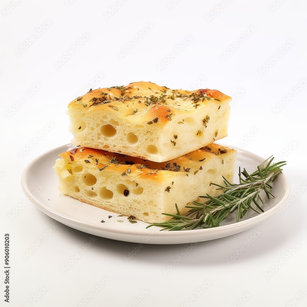Scrumptious Focaccia Bread with Rosemary on White Plate Scrumptious Focaccia Bread with Rosemary on White Plate