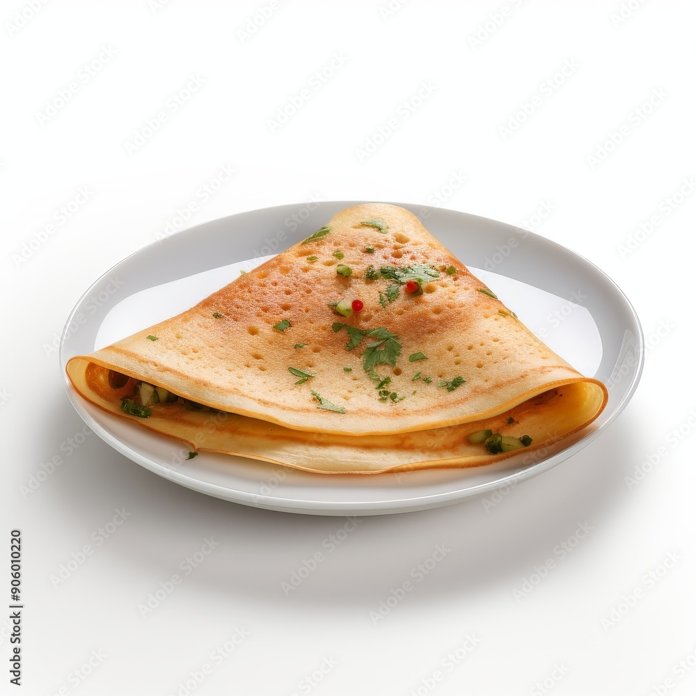 Scrumptious folded pancake with cucumber and parsley garnish on white plate Scrumptious folded pancake with cucumber and parsley garnish on white plate