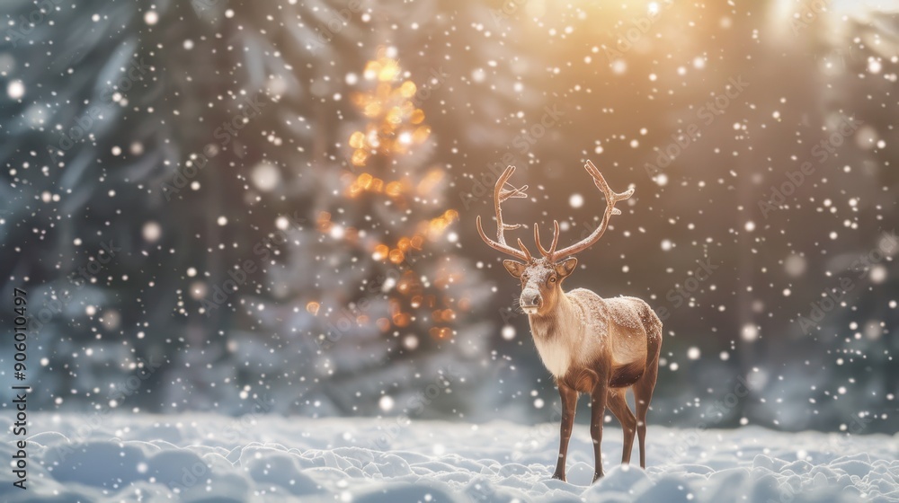 Christmas banner with magical scene of reindeer in show with Christmas lights and stars with copy space created with Generative AI technology Christmas banner with magical scene of reindeer in show with Christmas lights and stars with copy space created with Generative AI technology