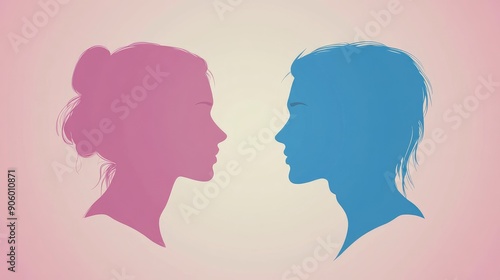 Silhouette Profiles of Man and Woman Facing Each Other Against Pastel Background