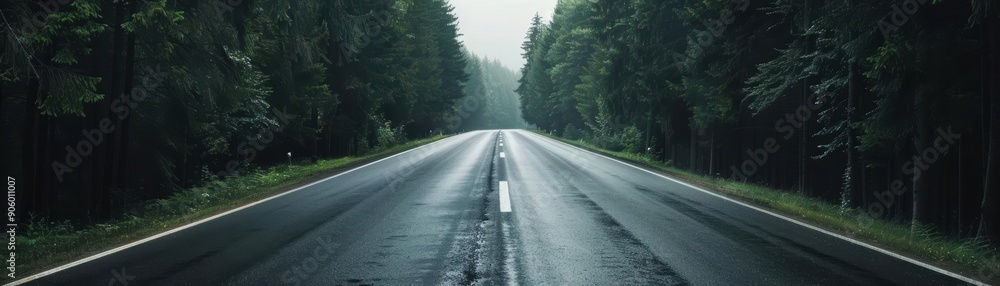 Empty road through a dense forest on a cloudy day. Empty road through a dense forest on a cloudy day.