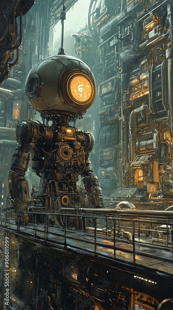 A steampunk robot stands on a balcony overlooking a futuristic city. A steampunk robot stands on a balcony overlooking a futuristic city.