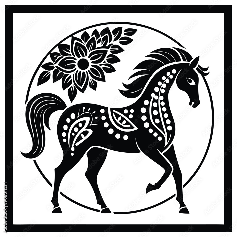 Black and White Stylized Horse with Floral Accent Black and White Stylized Horse with Floral Accent