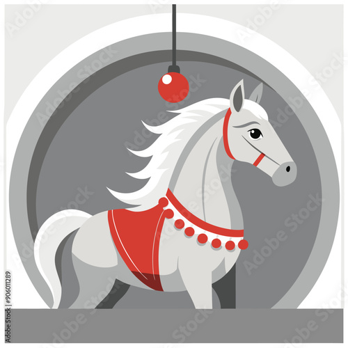 White Horse with Red Saddle and Decorations Standing in a Circular Frame