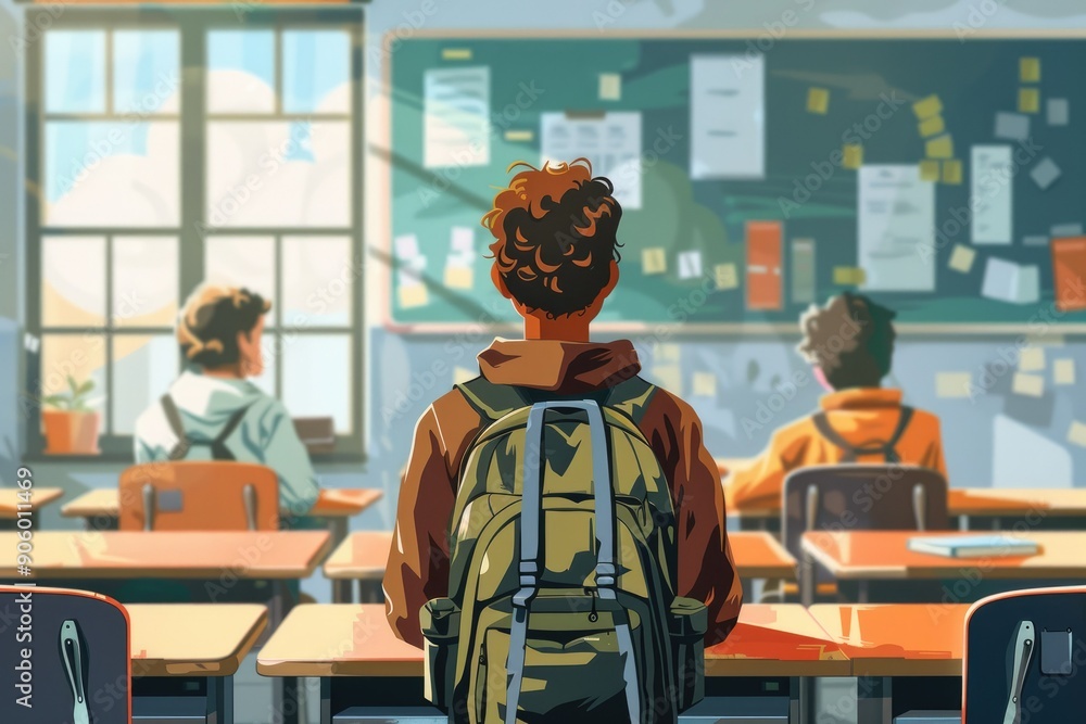 Fototapeta premium Students Studying in Classroom with Backpacks by Window and Bulletin Board