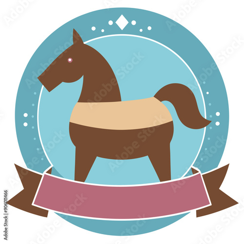 Brown Horse with Pink Eyes in a Blue Circle with a Ribbon