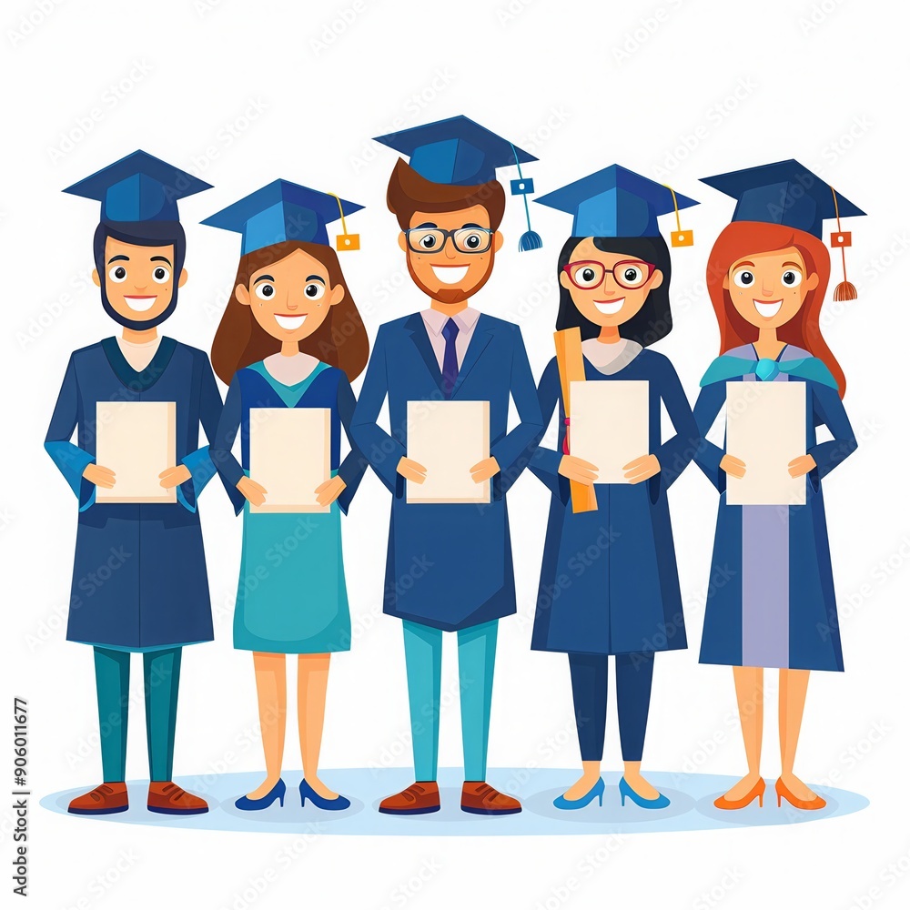 Group of happy graduates in caps and gowns holding diplomas. Celebrate academic achievement and success in education with this colorful illustration.