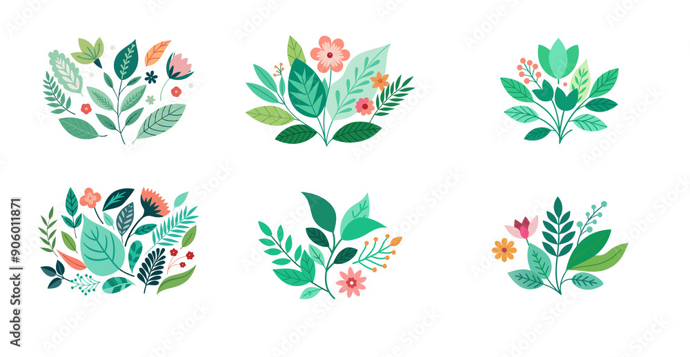 Botanical Leaves and Floral Elements on Transparent Background, Floral Botanical Illustration Botanical Leaves and Floral Elements on Transparent Background, Floral Botanical Illustration