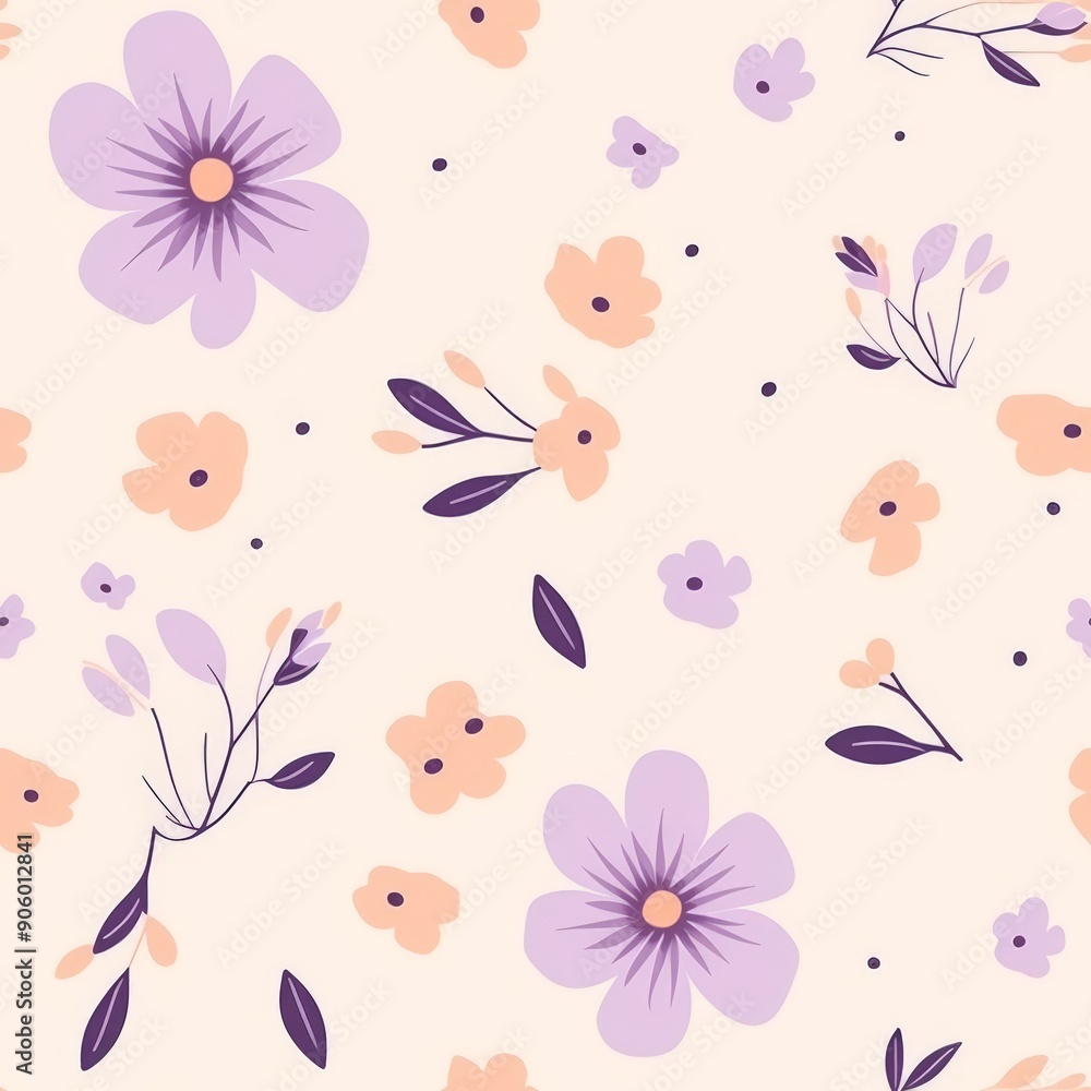 Seamless floral pattern with handdrawn flowers and leaves in purple pink and green on a beige background Seamless floral pattern with handdrawn flowers and leaves in purple pink and green on a beige background