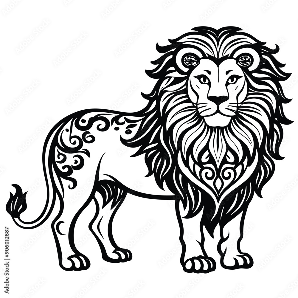 Ornate Black and White Lion with Floral Details Ornate Black and White Lion with Floral Details