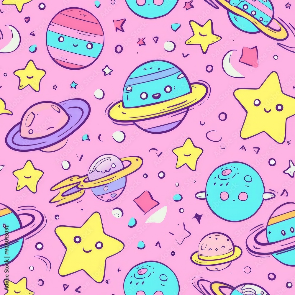 Seamless pattern of cheerful planets and stars on a pink background Seamless pattern of cheerful planets and stars on a pink background