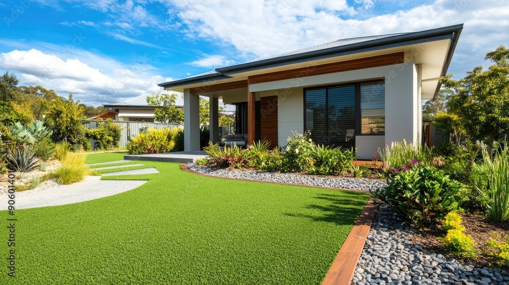 Australian-style front yard featuring artificial grass lawn turf with timber edging and a large flower garden. Australian-style front yard featuring artificial grass lawn turf with timber edging and a large flower garden.