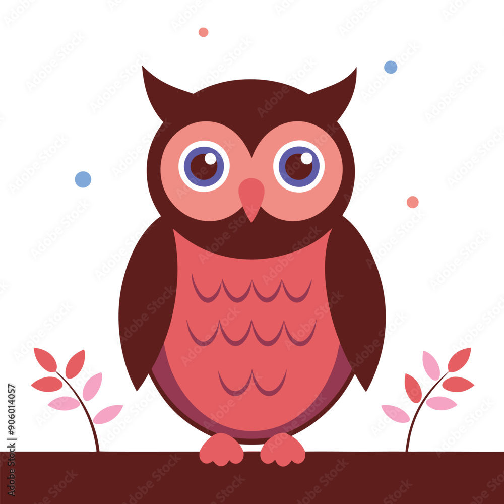 Obraz premium Cartoon owl with pink and red feathers perched on a branch