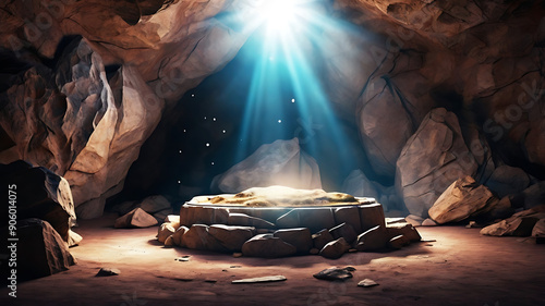 An Empty tomb with stone rocky cave and light rays bursting from within dark cave with concept of bright sunlight, Enlighted den concept

 photo