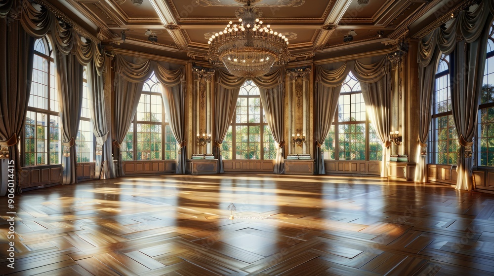 Fototapeta premium An elegant ballroom with a grand chandelier, polished wooden floors, tall windows with draped curtains, and a stage for performances.