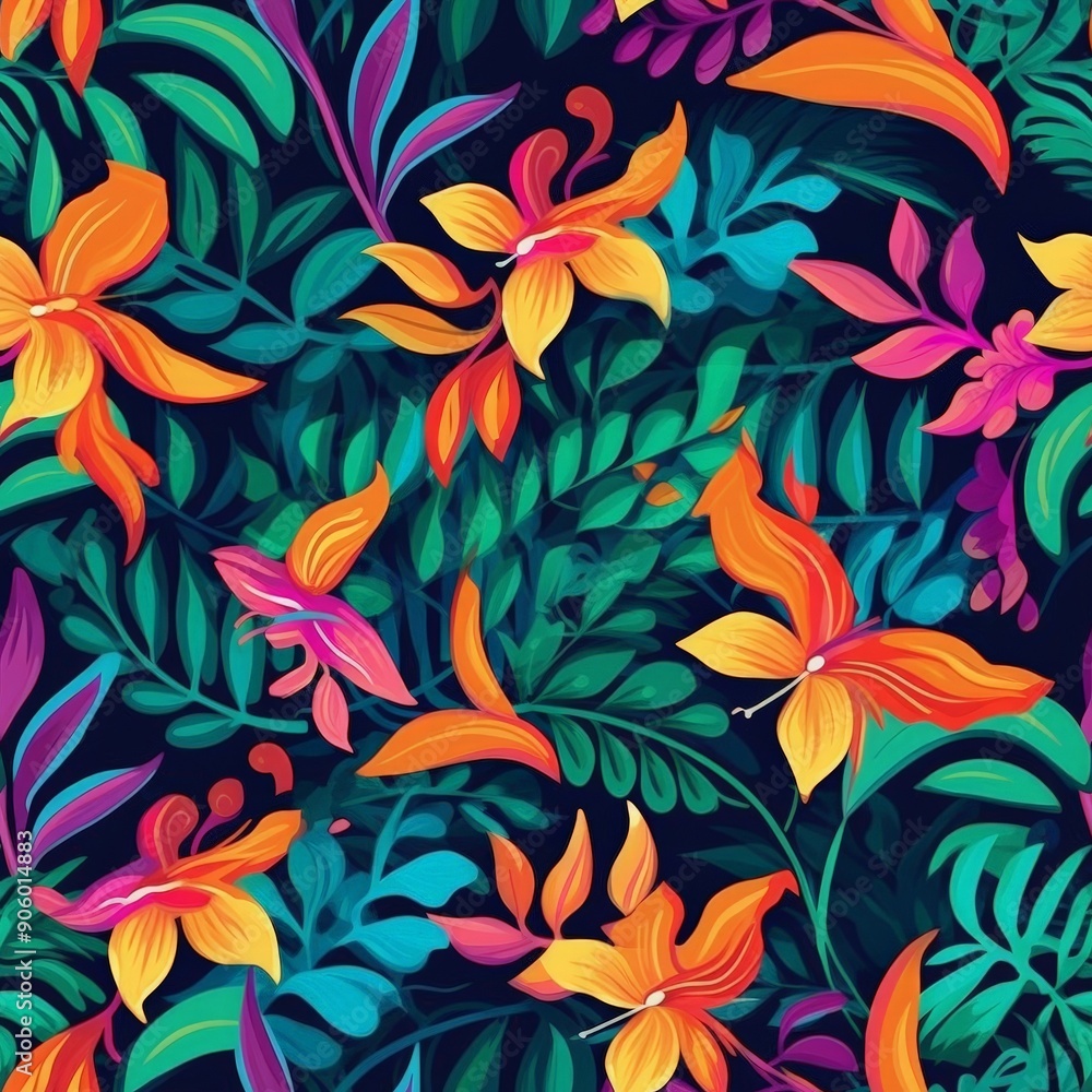 Seamless pattern with bright tropical flowers and leaves on dark background Seamless pattern with bright tropical flowers and leaves on dark background